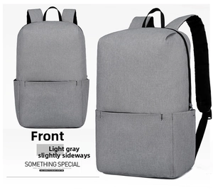 Front and side view of a light grey casual backpack with durable polyester fabric texture