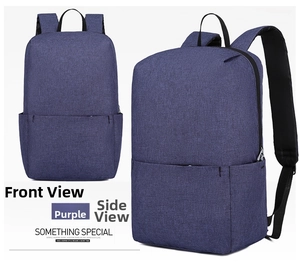 Deep purple travel backpack showing front and side views with fabric texture details