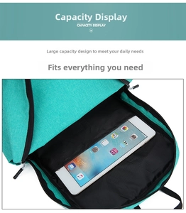 Internal capacity view of a teal canvas backpack showing storage for a tablet computer
