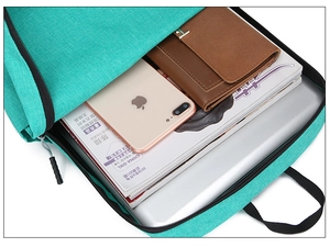 Top macro view of mint green casual backpack interior showing laptop and storage space