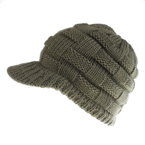 Detail of dark olive knit ponytail beanie showing thick basket weave texture and short brim
