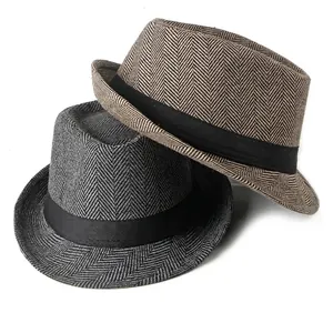 Classic herringbone wool fedora hats in brown and grey with black ribbon band