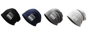Detail view of cotton knit beanies in black and grey colors with Fashion logo print