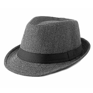 Detailed view of gray herringbone textured fedora hat with a black decorative ribbon