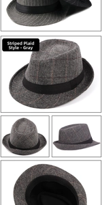 Detailed views of grey plaid wool fedora hat with black grosgrain band and internal structure