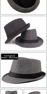 Detail view of herringbone and plaid wool fedora hats with decorative black band