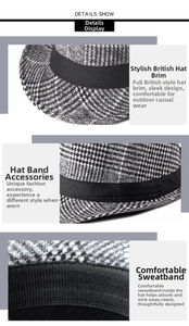 Detail view of plaid fedora hat showing sturdy brim, black band, and inner sweatband