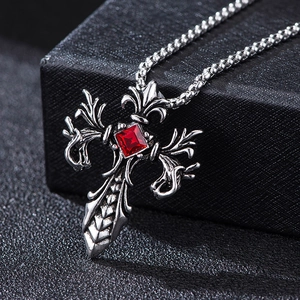 Gothic retro stainless steel cross pendant with red gemstone and silver ball chain