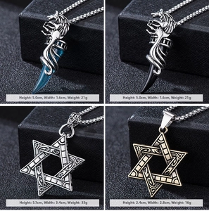 Detailed view of gothic dragon and hexagram pendants with specific size and weight specs