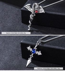 Gothic dragon with red ruby and winged sword with blue gem necklaces with measurements