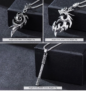 Detail view of retro dragon pendants showing dimensions and weight specifications