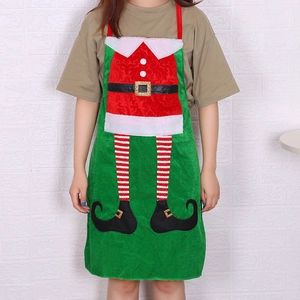 Christmas elf themed apron with red top pattern and striped legs on white background