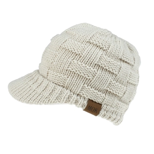 Close-up of beige basket-weave knit baseball cap featuring a branded brown leather patch