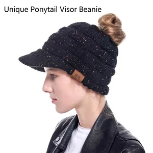 Black knit ponytail baseball cap with colorful flecks and short brim for women outdoors