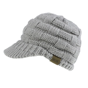 Detailed view of grey chunky knit beanie with visor showing basket weave texture and MOK label