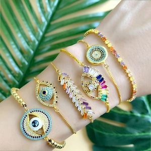 Evil Eye Bracelet For Women Adjustable Gold Plated Copper Colorful Cubic Zirconia Micro Inlaid Bohemian Dainty Jewelry