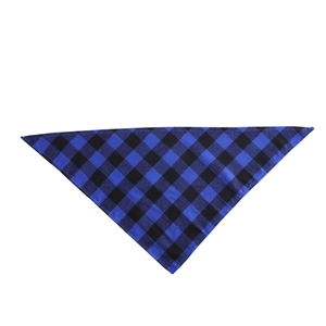 Detail of blue and black plaid cotton pet bandana showing durable stitching and grid pattern