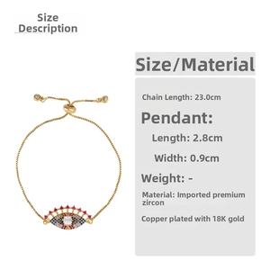 Detail showing Hand of Fatima evil eye bracelet dimensions with gold chain and zircon