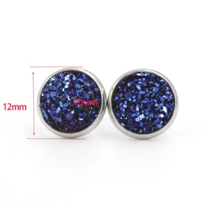 Sparkling 10mm blue drusy stud earrings in silver stainless steel frame for women