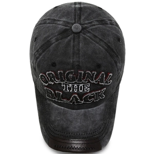 Distressed black washed denim baseball cap with 3D embroidery and leather brim detail
