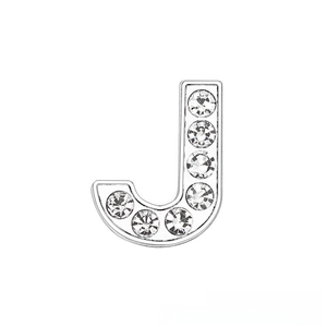Detail of 10mm chrome finish letter J charm with white crystals for DIY bracelets