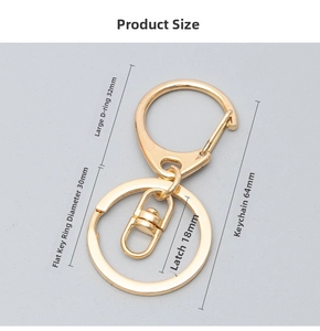 Detailed view of gold metal D-ring buckle and swivel clasp dimensions for DIY keychains
