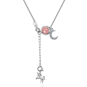S925 silver unicorn moon necklace with strawberry crystal and zirconia pendant