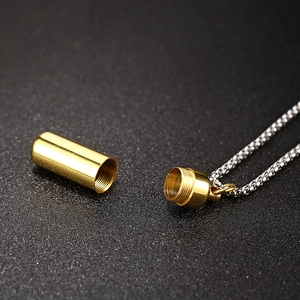 Golden cylinder cremation urn necklace made of stainless steel with silver box chain