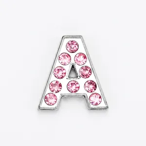 Sparkling silver-tone letter A charm with pink rhinestones for DIY jewelry making