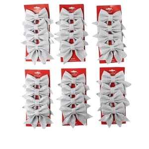 Detail of 24 silver glitter Christmas bows on red backing cards for tree decoration