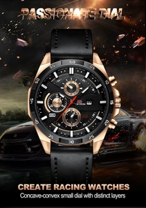 Detail of racing quartz watch with gold steel case, black dial and red accents