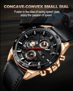 Detailed close-up of rose gold sport watch case with black dial and leather strap