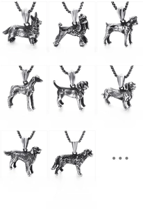 Detailed grid of stainless steel dog pendants in various breeds with retro finish