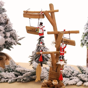 Handcrafted wooden Christmas hanging ornaments featuring Santa and Snowman with welcome signs