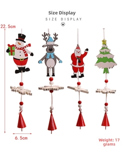 Size display of 4 painted wooden Christmas ornaments with snow and metal bells
