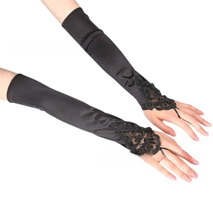 Gants longs sans doigts en satin noir avec dentelle élégante et détails de perles