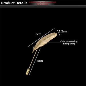 Detailed view of a 5cm golden feather brooch pin made of color-preserving alloy