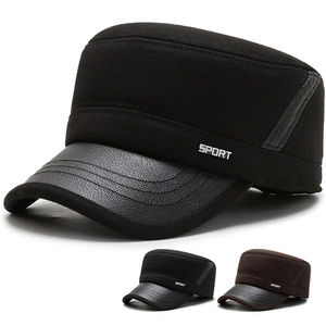 Men Winter Cadet Cap With Ear Protection Warm Woolen Flat Top Hat PU Leather Brim For Middle Aged