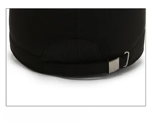 Detail showing the adjustable metal buckle and back strap of the black flat top winter cap
