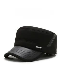 Detail of winter flat cap with faux leather brim and SPORT lettering for men