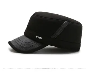 Side view of men's winter cadet cap featuring textured leather brim and sport embroidery