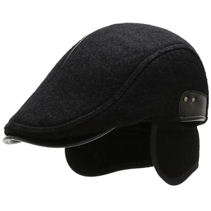 Winter wool newsboy cap for men featuring foldable ear flaps and premium black fabric
