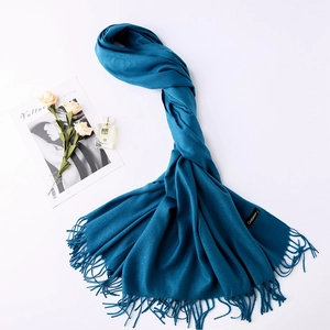 Solid blue 250g cashmere wool scarf with soft fringe tassels for winter warmth