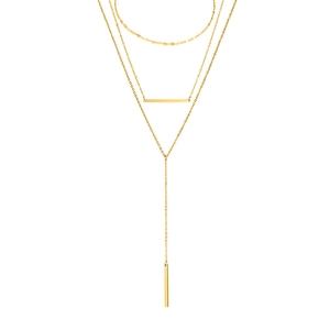Detailed view of layered gold-plated stainless steel necklace with geometric bar pendants