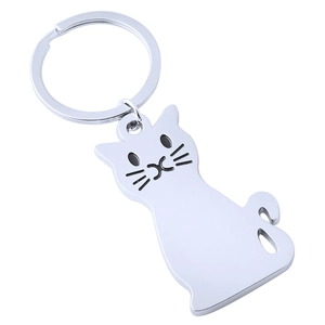 Polished silver zinc alloy keychain featuring a minimalist sitting cat silhouette pendant