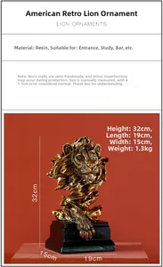 Detailed view of resin lion head sculpture in gold finish with precise 32cm height dimensions