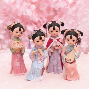 Set of four Chinese style court girl figurines with traditional dresses and instruments
