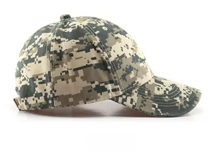 Side view of outdoor tactical baseball cap with digital pixel camouflage pattern
