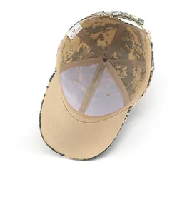 Detailed interior of digital camouflage baseball cap showing polyester fabric and stitching