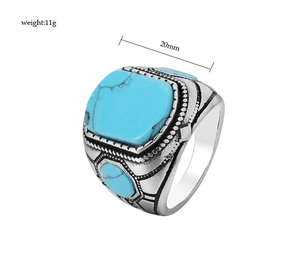 Detail view of vintage turquoise ring showing 20mm width and 11g weight on white base